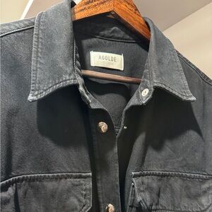 Oversized Agolde Camryn black snap front denim shirt jacket